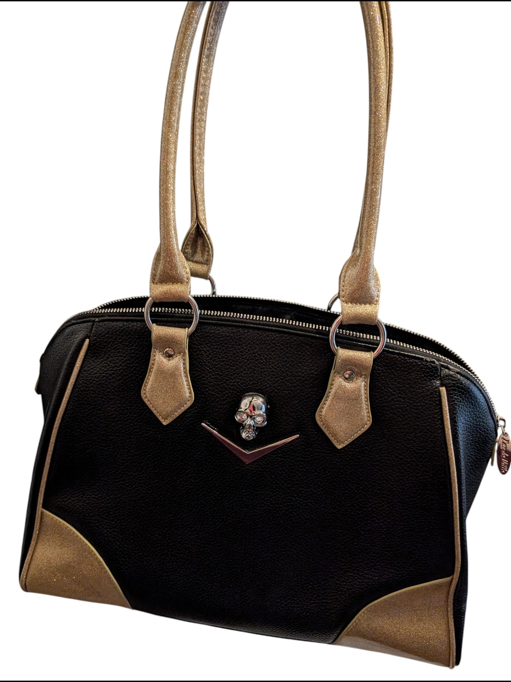 Lux Deville Black and Gold Skull Accent Satchel Handbag